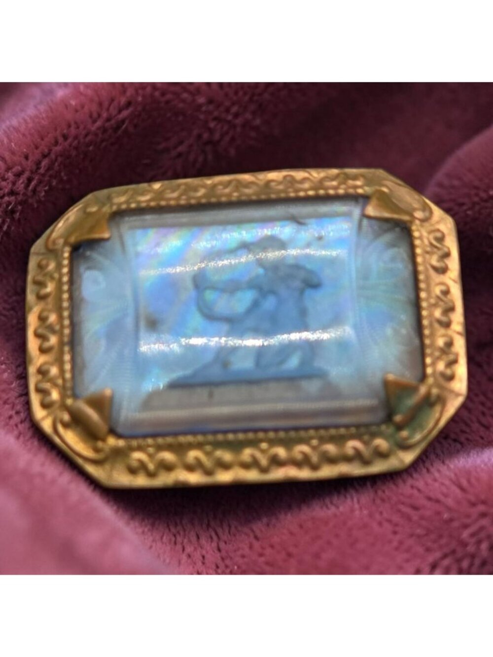 Antique Bohemia Intaglio Iridescent Blue Glass Cameo Buckle Greek Hunter